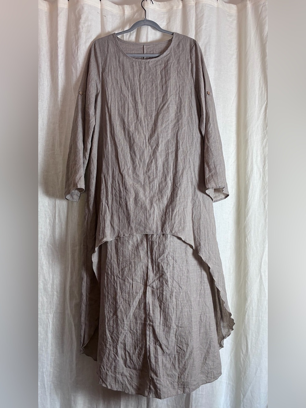 Unbranded 100% Linen Lagenlook High Low Maxi Dress Taupe Grey Size M Roll Tab